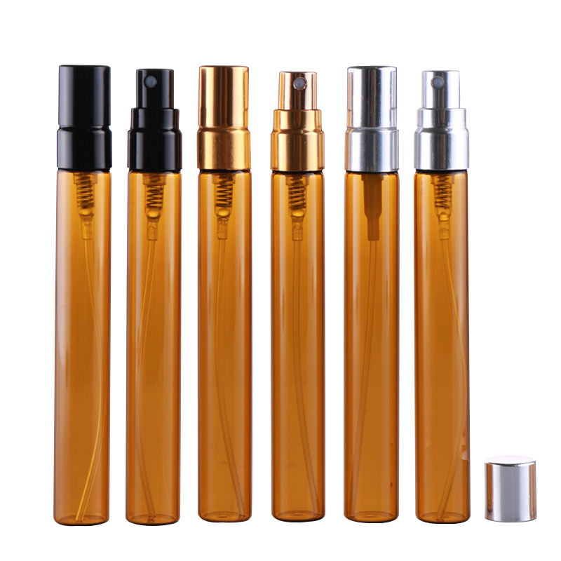 Amber glass tube refillable perfume pump spray bottle 10ml with aluminum cap wholesale