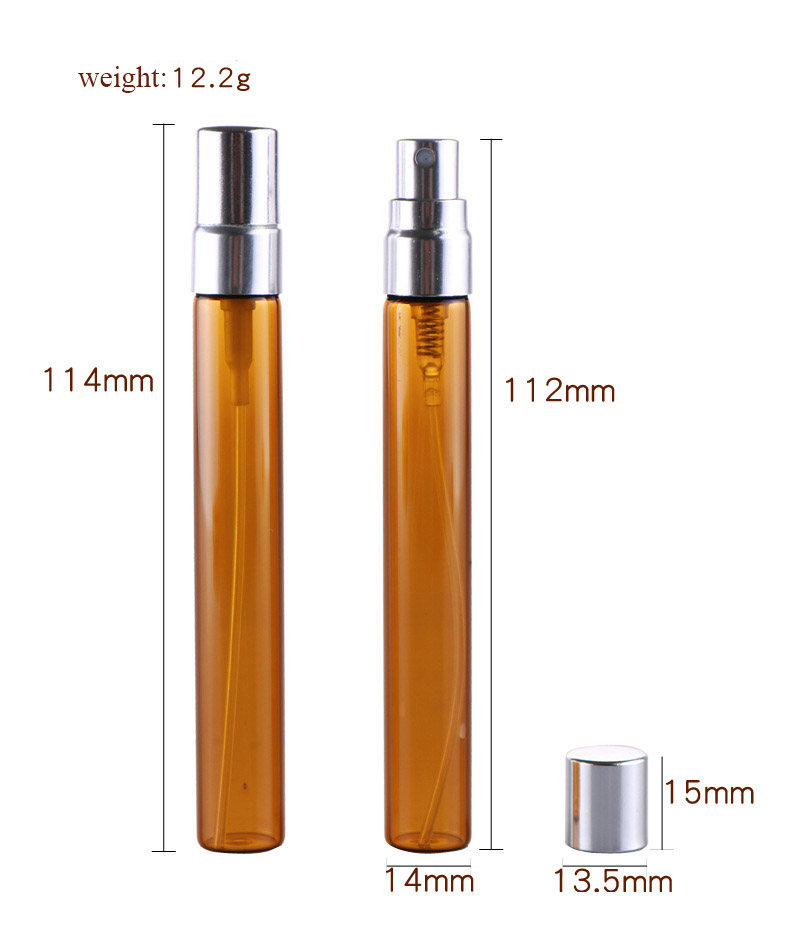 Amber glass tube refillable perfume pump spray bottle 10ml with aluminum cap wholesale