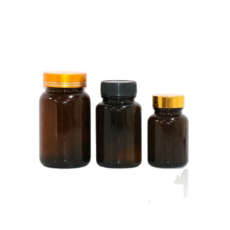 Amber glass wide mouth round shape 100ml empty black plastic HDPE medicine pill bottle with screw cap
