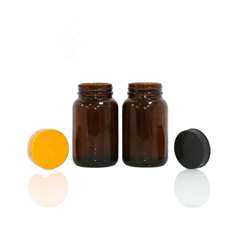 Amber glass wide mouth round shape 100ml empty black plastic HDPE medicine pill bottle with screw cap