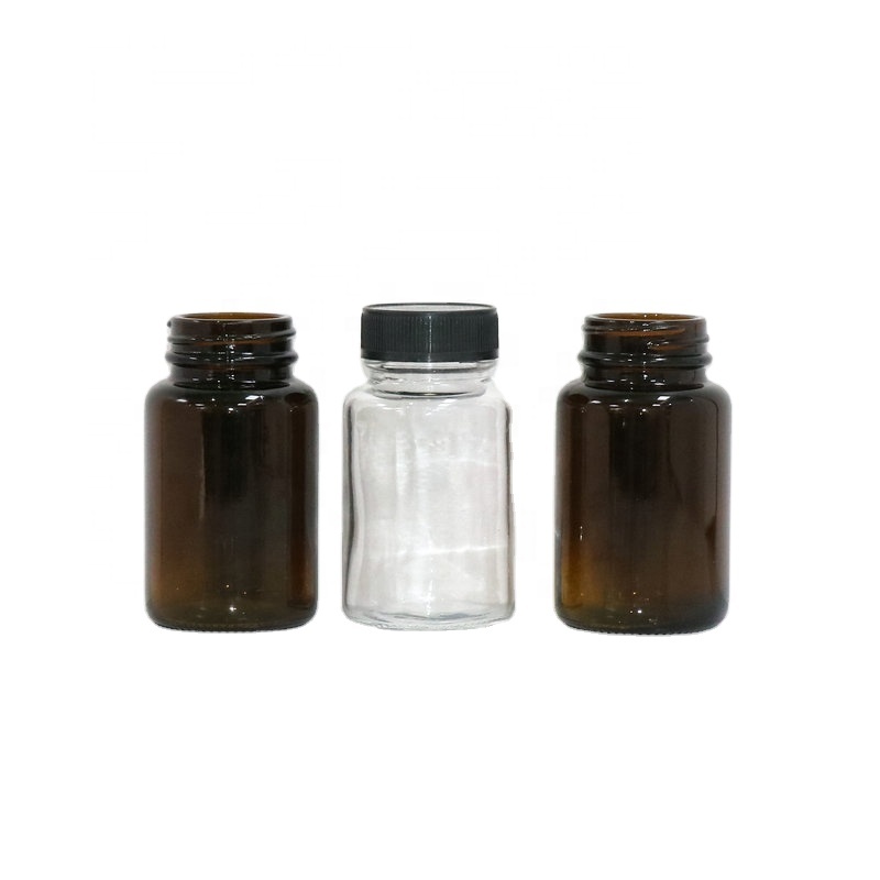 Amber glass wide mouth round shape 100ml empty black plastic HDPE medicine pill bottle with screw cap