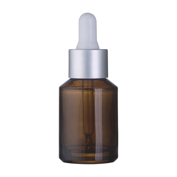 Amber material glass dropper bottle slopping shoulder dropper bottle matte silver collar 30ml regular dropper cosmetic package
