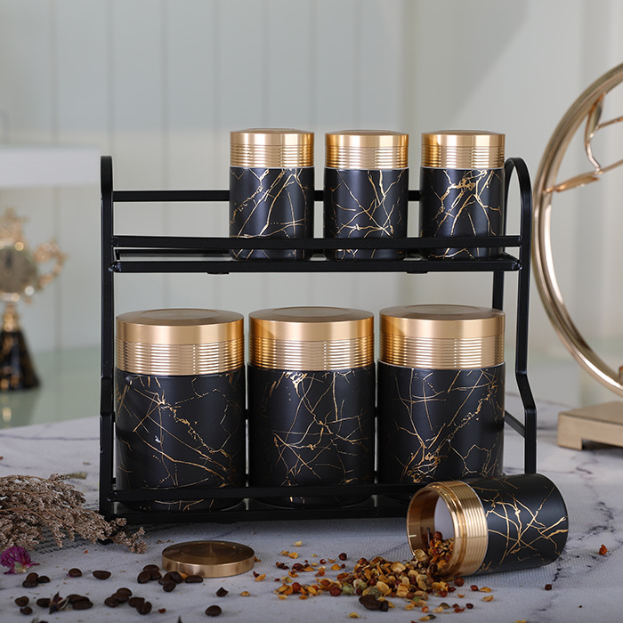 Amber matt black and gold kitchen used 7pcs luxury style ceramic canister set with metal stand for storage