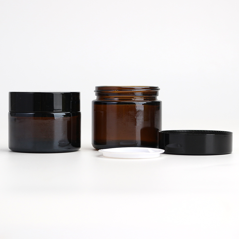 Amber round glass jar cosmetic jar with black lid amber glass cosmetics cream jar