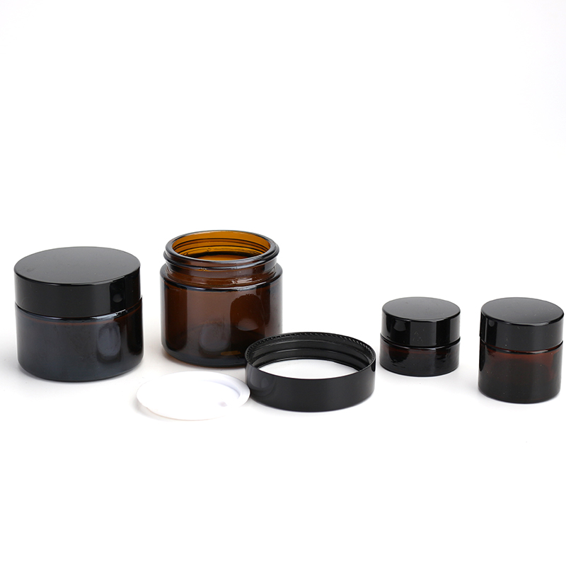 Amber round glass jar cosmetic jar with black lid amber glass cosmetics cream jar
