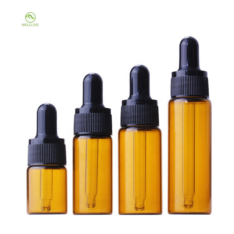 Amber transparent color 5ml 10ml 15ml 20ml tubular glass dropper bottle for serum essential oil