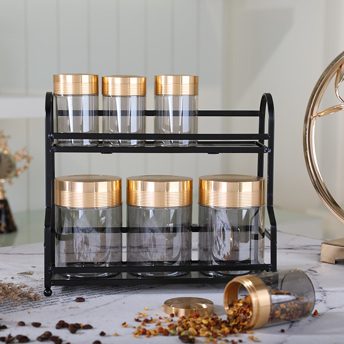 Amber transparent glass ware kitchen used 7pcs airtight bottle sets  for storage