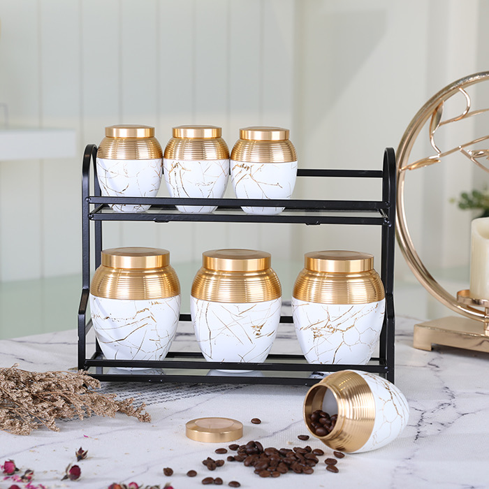 Amber unique design matt white kitchen used 7pcs  porcelain ware canister set with metal stand