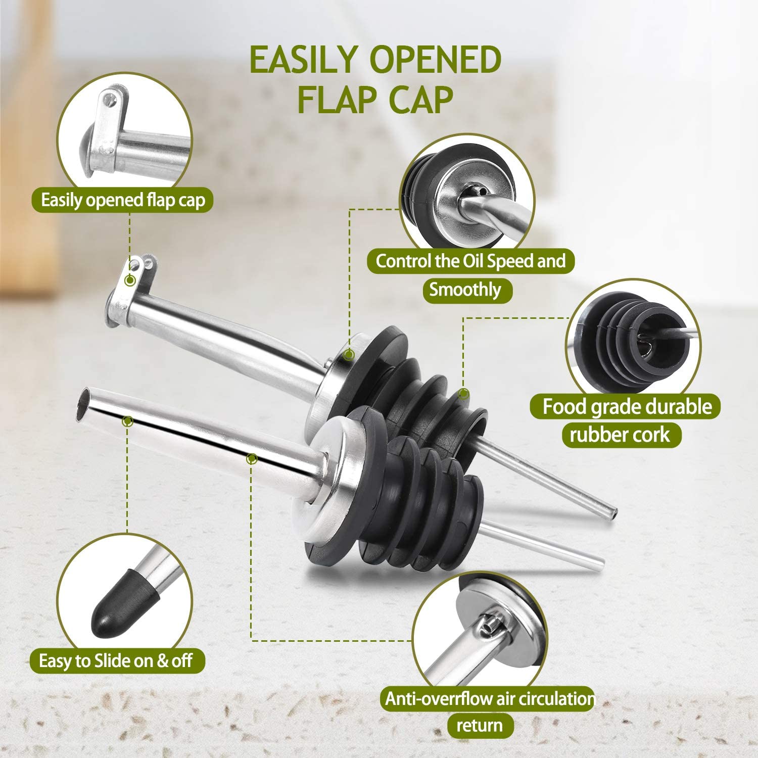 Anti-spill oil and vinegar oil bottle set with 4 nozzles and funnel and label for kitchen