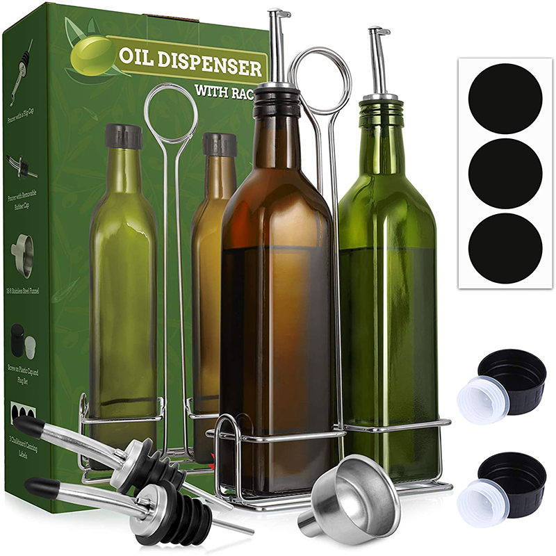 Anti-spill oil and vinegar oil bottle set with 4 nozzles and funnel and label for kitchen