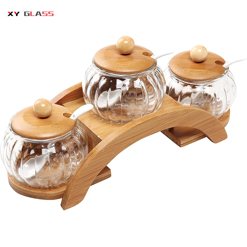 Antique design storage recycled cooking with bamboo lid tray glass seasoning jar