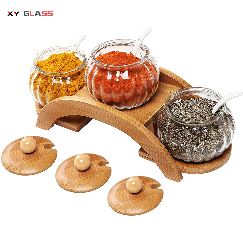 Antique design storage recycled cooking with bamboo lid tray glass seasoning jar