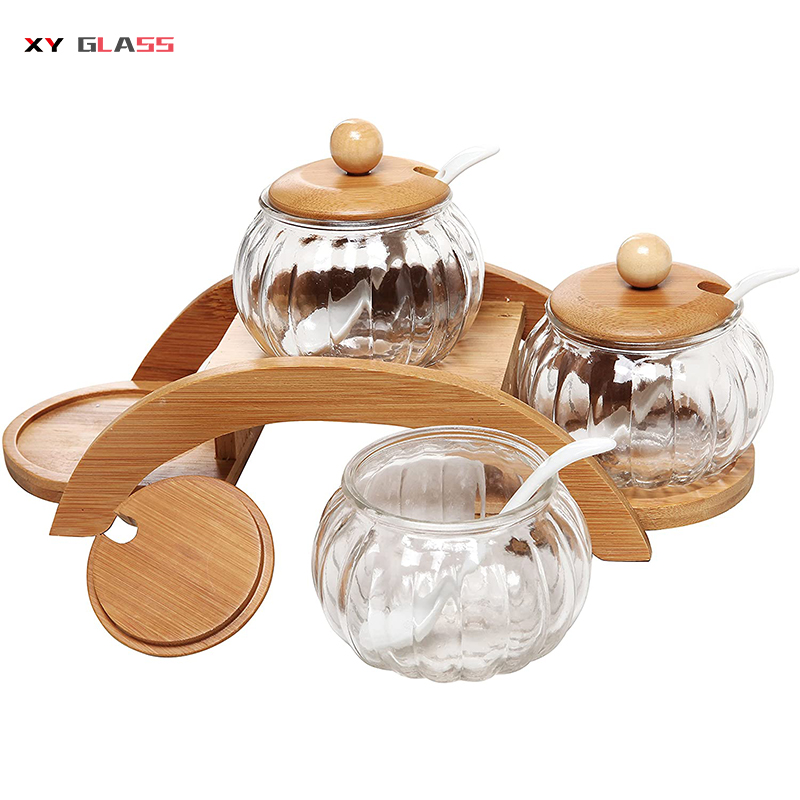Antique design storage recycled cooking with bamboo lid tray glass seasoning jar