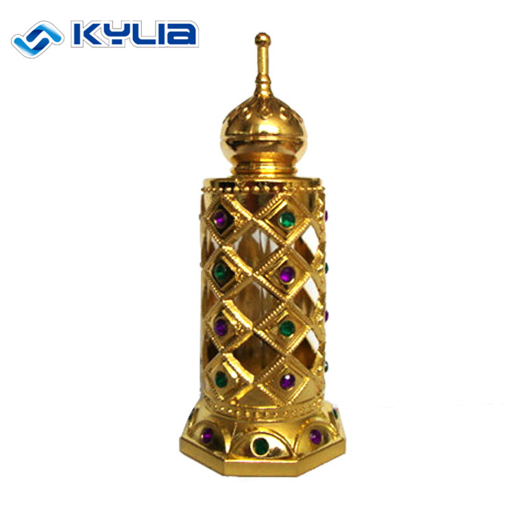 Arabian Style Dubai Metal Essential Oil Bottles Empty Alloy Attar Oil Perfume Bottles With Colorful Gemstone