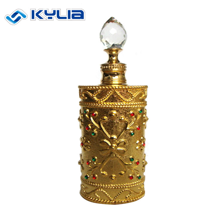 Arabian Style Dubai Metal Essential Oil Bottles Empty Alloy Attar Oil Perfume Bottles With Colorful Gemstone