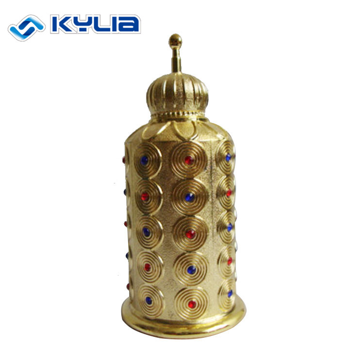 Arabian Style Dubai Metal Essential Oil Bottles Empty Alloy Attar Oil Perfume Bottles With Colorful Gemstone