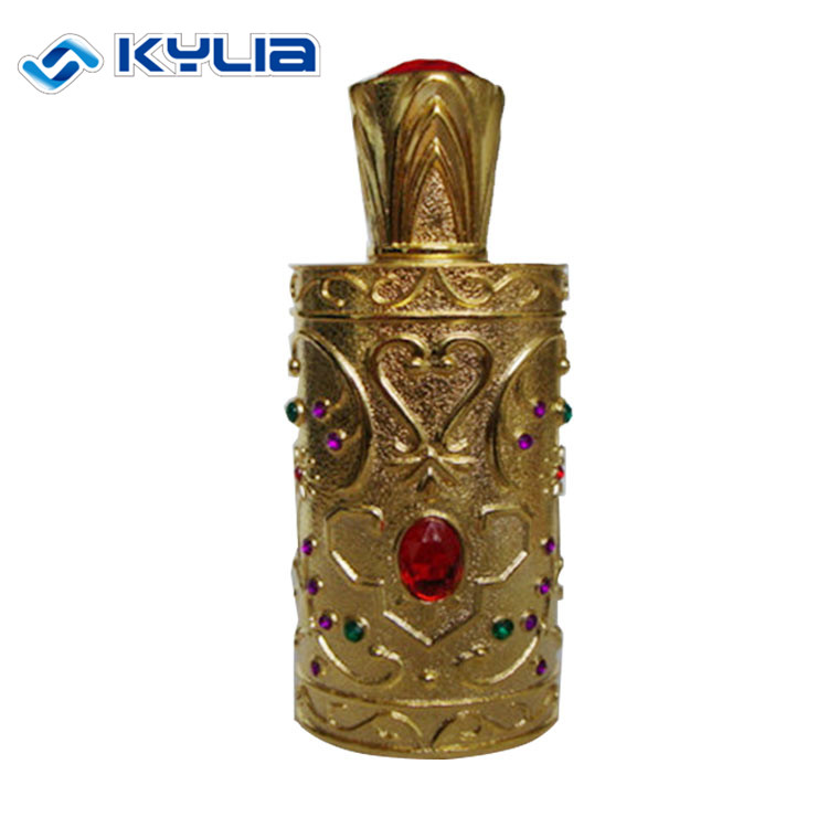 Arabian Style Dubai Metal Essential Oil Bottles Empty Alloy Attar Oil Perfume Bottles With Colorful Gemstone