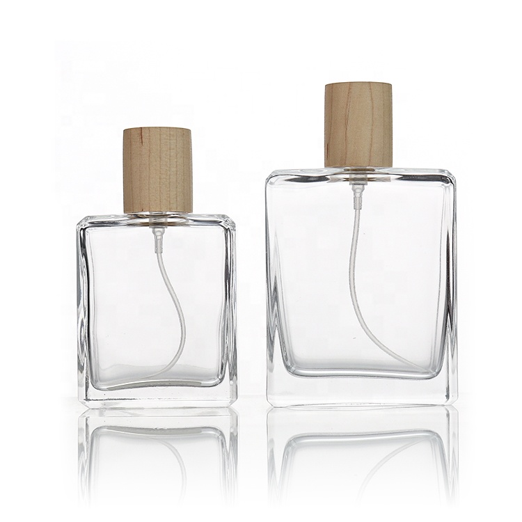 Arabic Perfume Bottle 50 ml 100 ml Square Glass Perfume Spray Bottle With Wooden Caps