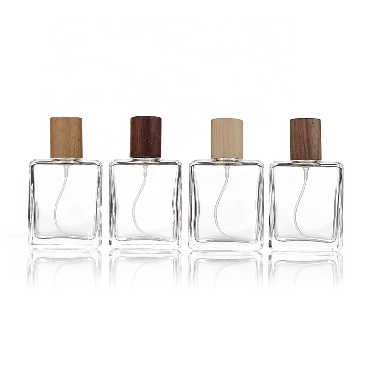 Arabic Perfume Bottle 50 ml 100 ml Square Glass Perfume Spray Bottle With Wooden Caps