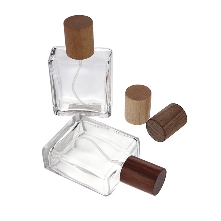 Arabic Perfume Bottle 50 ml 100 ml Square Glass Perfume Spray Bottle With Wooden Caps