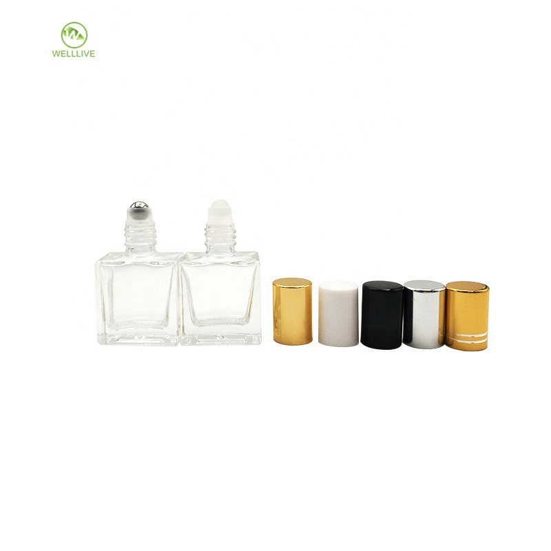 Attar essential oil storage vials 10ml clear rectangular square glass steel roller ball bottle with gold silver screw cap