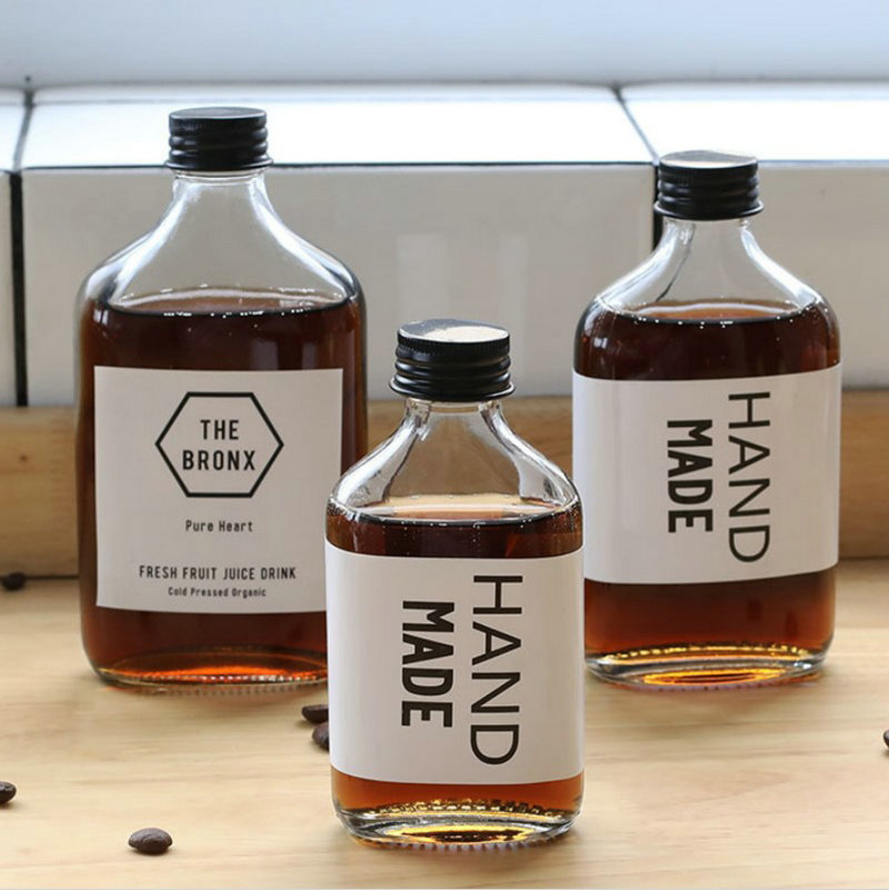 Avertan Logo printing 100ml 200ml 250ml 350ml Flat pocket Coffee Juice Glass Bottle Milk Cold