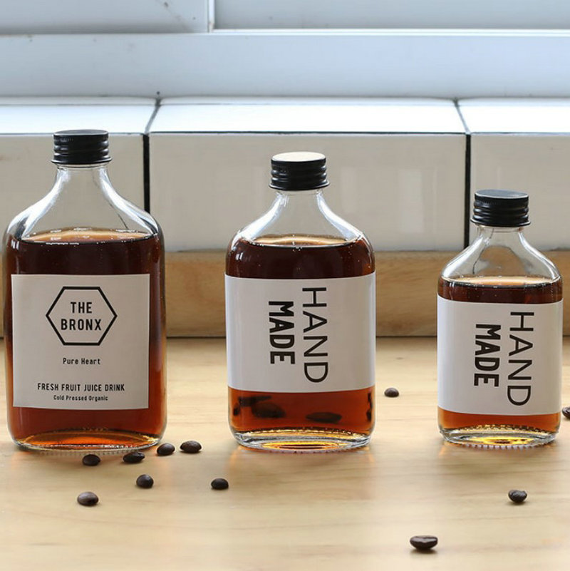 Avertan Logo printing 100ml 200ml 250ml 350ml Flat pocket Coffee Juice Glass Bottle Milk Cold