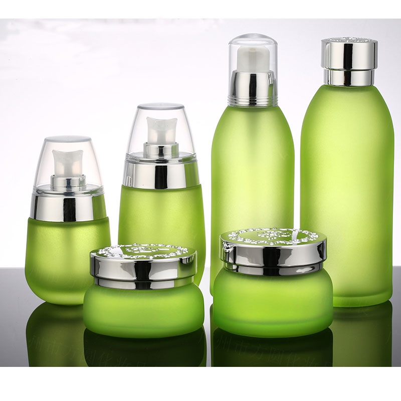 Avertan Packaging green glass cosmetic jar set empty cream jar Cosmetics essential oil glass bottle