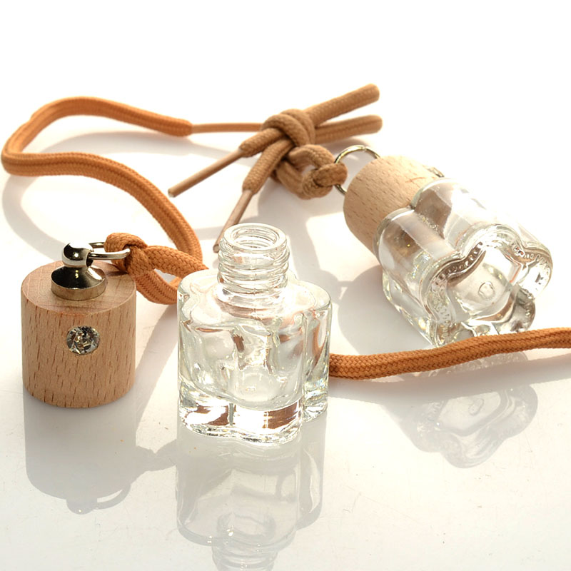 Avertan Wooden Cap Glass Bottle 5ml 6ml flower Shape Car Vent Air Freshener Diffuser Perfume Hanging Bottles Empty