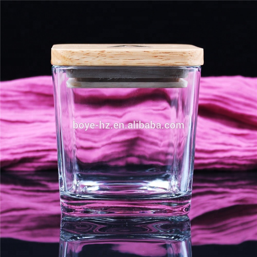 BOYE home decorative luxury soy wax square glass candle holder jars with wood lid