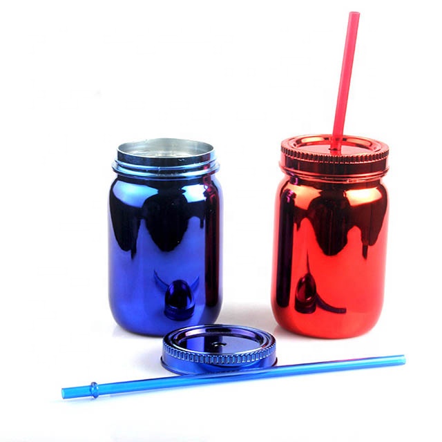 BPA Free Gradient Mason Jar of Milk Tea Cup Classic Insulated Tumbler Kettle Metal Cover with a Straw