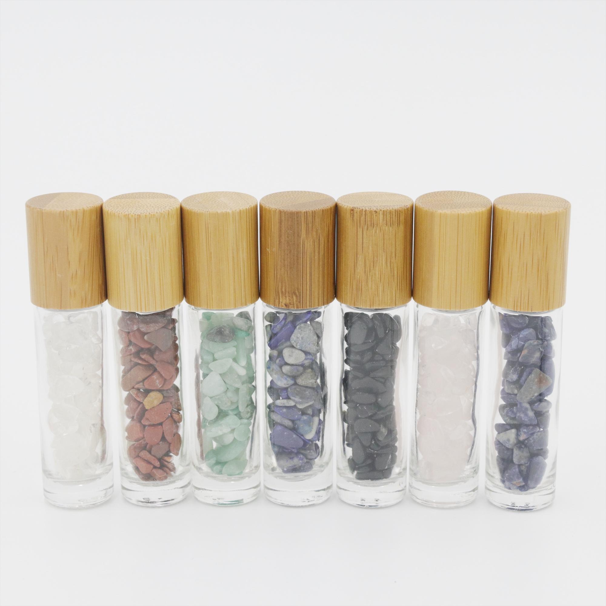BPA Free Reusable Bamboo Perfume Natural Gemstones Crystal Glass Essential Oil Roller Bottles 10ML