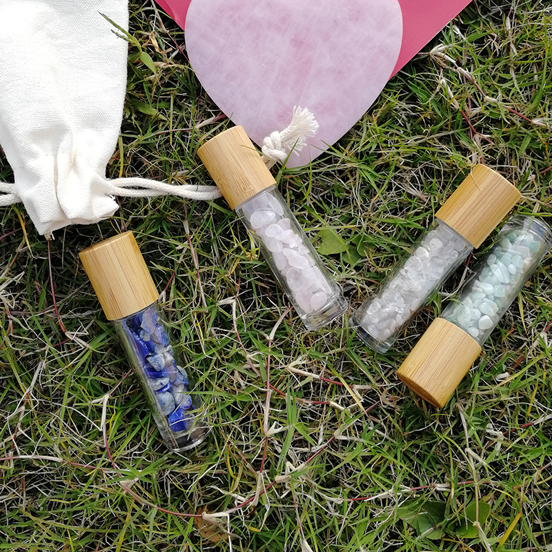 BPA Free Reusable Bamboo Perfume Natural Gemstones Crystal Glass Essential Oil Roller Bottles 10ML