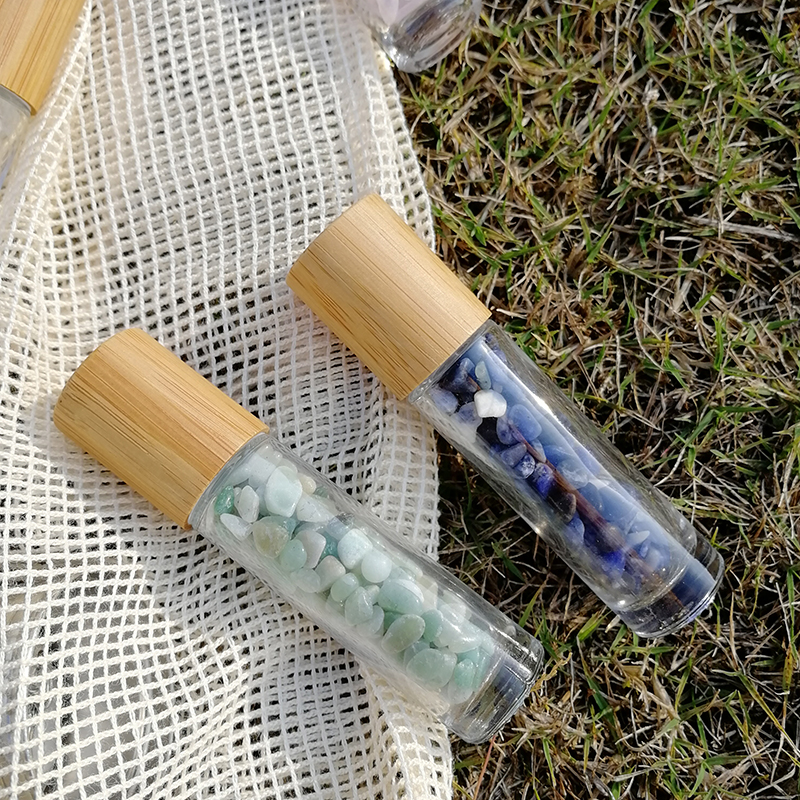 BPA Free Reusable Bamboo Perfume Natural Gemstones Crystal Glass Essential Oil Roller Bottles 10ML