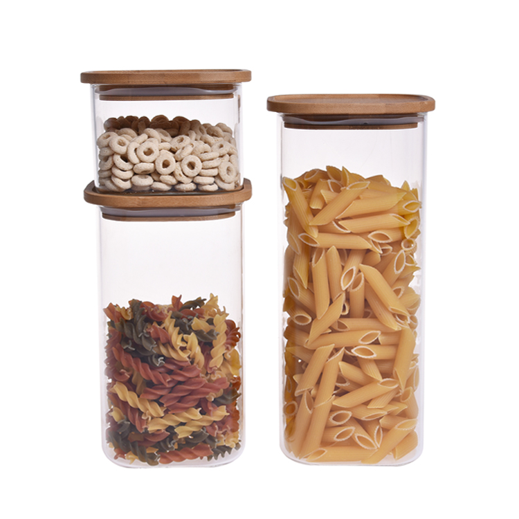 BPA free high borosilicate airtight stackable square bamboo lid glass jar with silicon ring