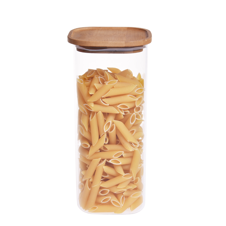 BPA free high borosilicate airtight stackable square bamboo lid glass jar with silicon ring