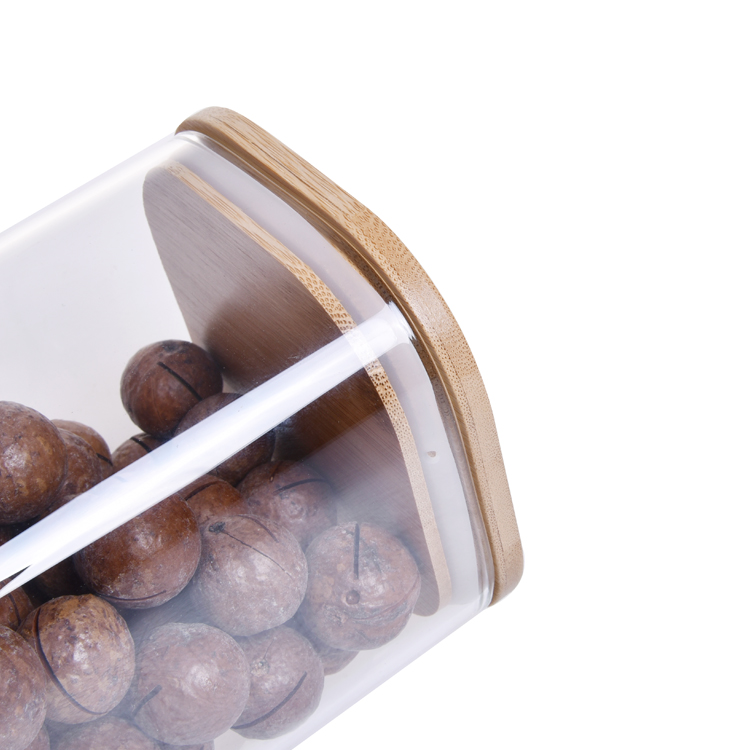 BPA free high borosilicate airtight stackable square bamboo lid glass jar with silicon ring