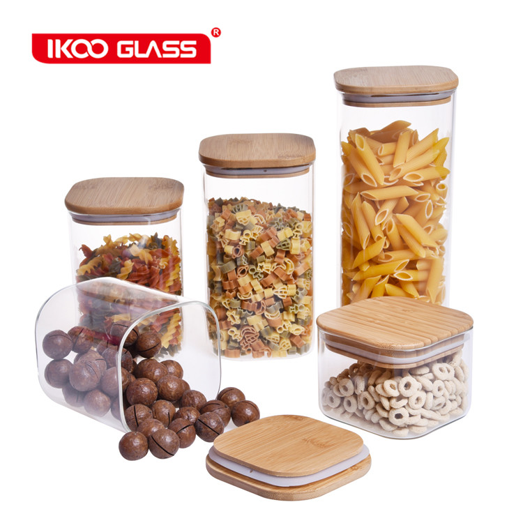 BPA free high borosilicate heat resistant wooden lid square glass jar bamboo