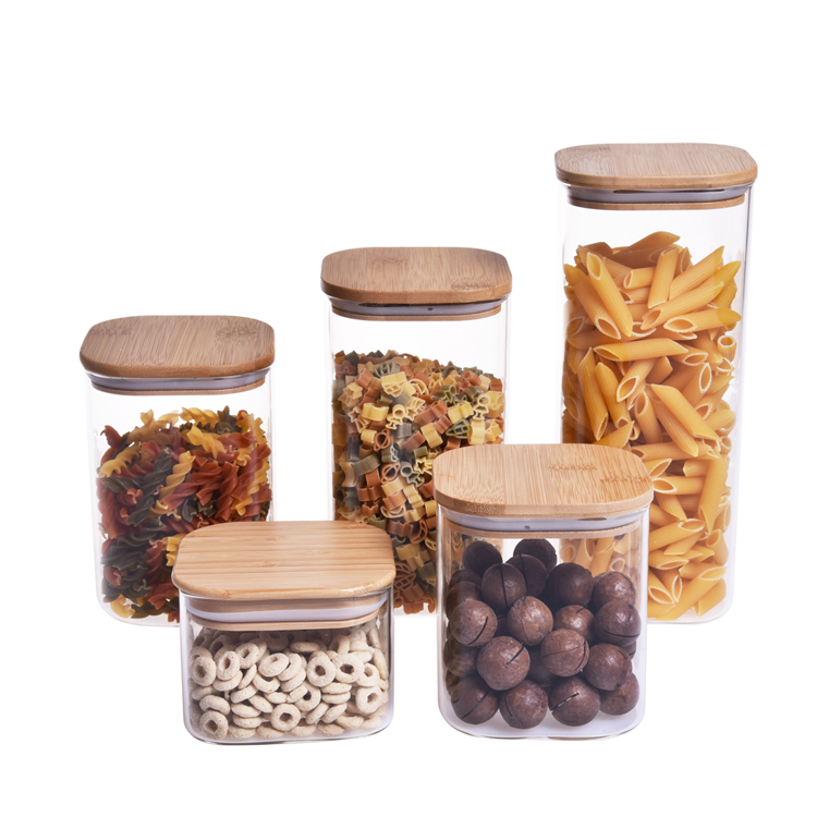 BPA free high borosilicate heat resistant wooden lid square glass jar bamboo