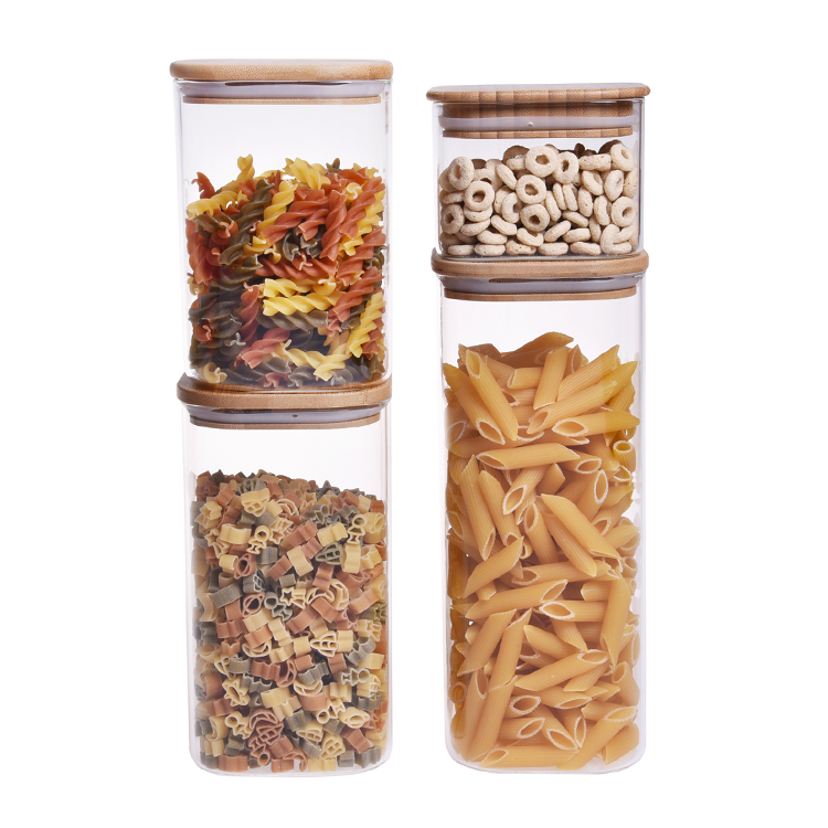 BPA free high borosilicate heat resistant wooden lid square glass jar bamboo
