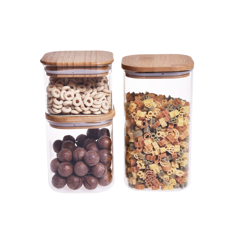 BPA free high borosilicate heat resistant wooden lid square glass jar bamboo
