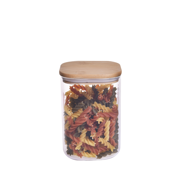 BPA free high borosilicate heat resistant wooden lid square glass jar bamboo