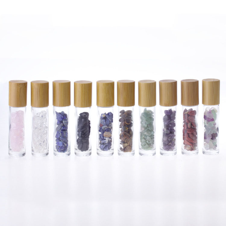 Bamboo Cap 10ml Gemstone Roller Balls Clear Glass Roll On Bottle with Chip Stone Inside