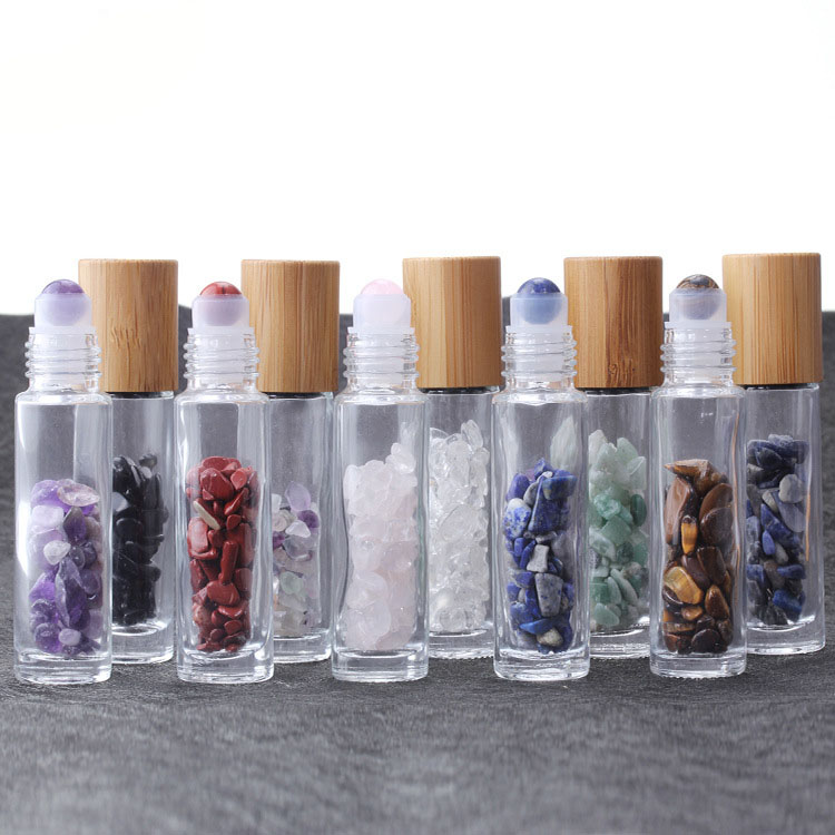 Bamboo Cap 10ml Gemstone Roller Balls Clear Glass Roll On Bottle with Chip Stone Inside