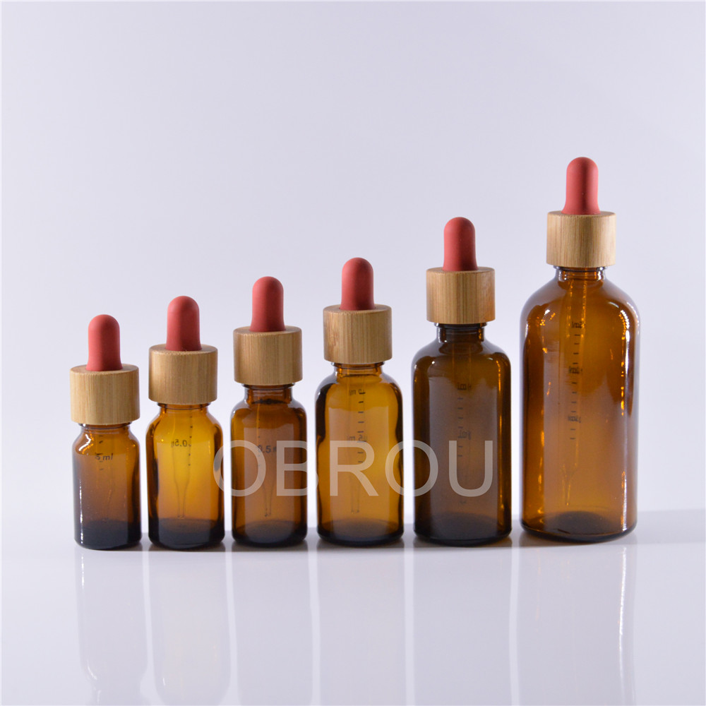 Bamboo Cap Dropper Bottle with Graduated Glass Pipette Size 5ml to 100ml E liquid Essential Oil Amber Glass Dropper Bottles
