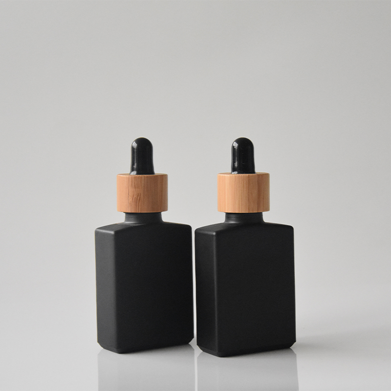 Bamboo Cap Frosted Matte black 30ml tincture bottles glass serum bottle 1oz cosmetic essential oil dropper bottle