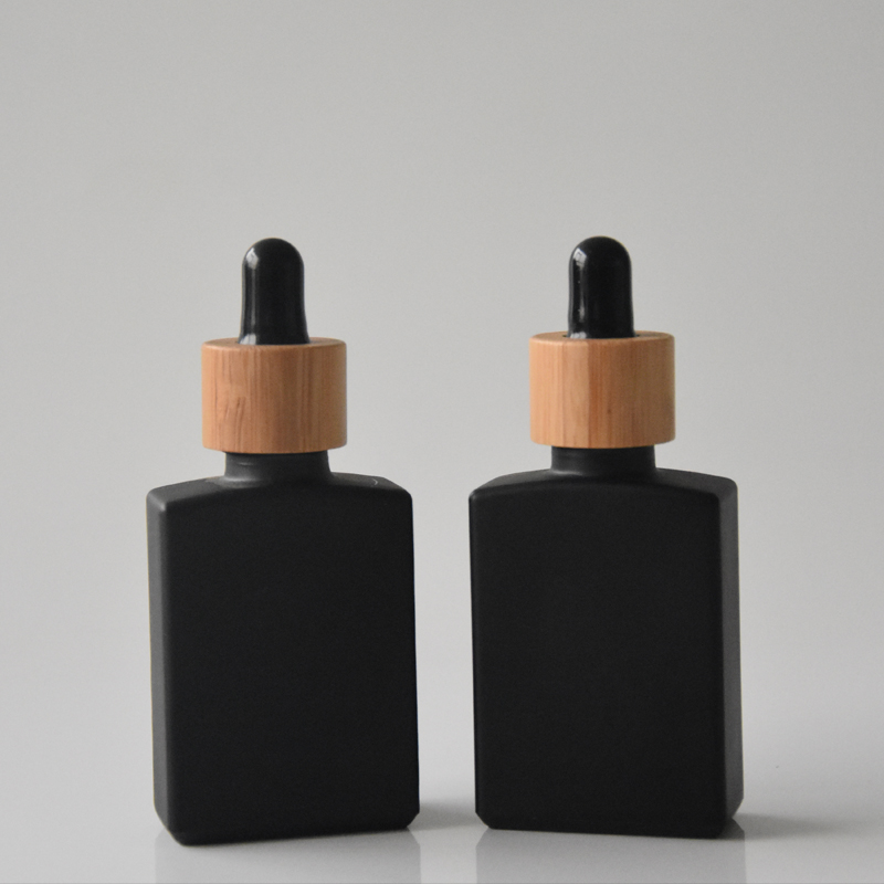 Bamboo Cap Frosted Matte black 30ml tincture bottles glass serum bottle 1oz cosmetic essential oil dropper bottle
