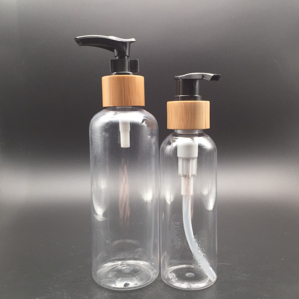 Bamboo Cosmetic Packaging Clear Glass Bottle With Bamboo Lotion Pump flat shoulder cosmetic bottles PET skin care lotion bottle