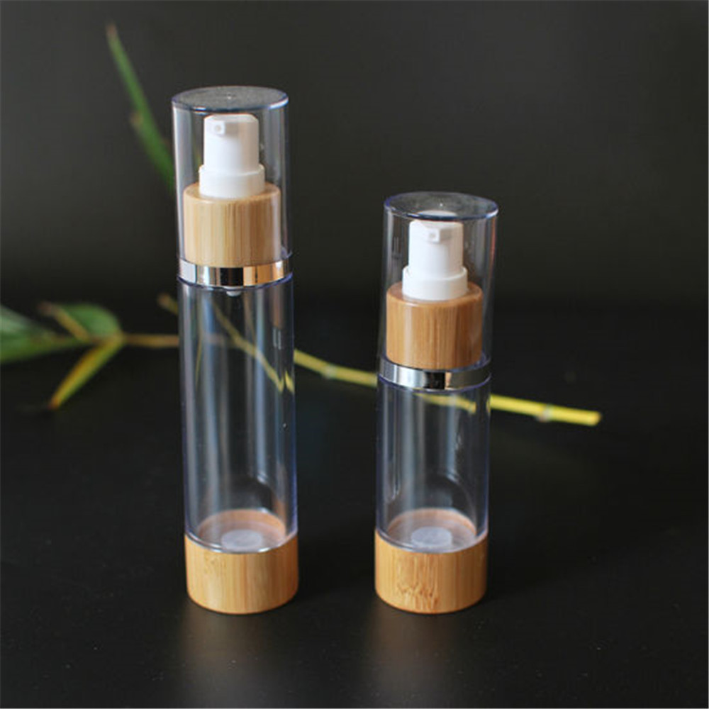 Bamboo Cosmetic Packaging Clear Glass Bottle With Bamboo Lotion Pump flat shoulder cosmetic bottles PET skin care lotion bottle