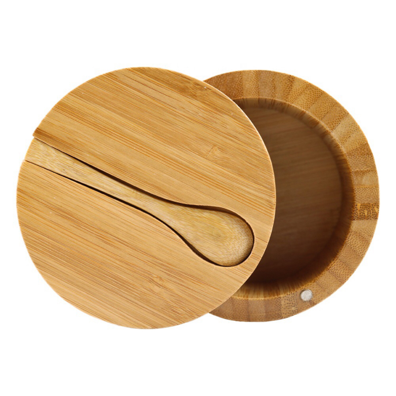 Bamboo Kitchen Salt Box With Swivel Magnetic Lid Spice Container Bamboo Spice Storage Box with spoon